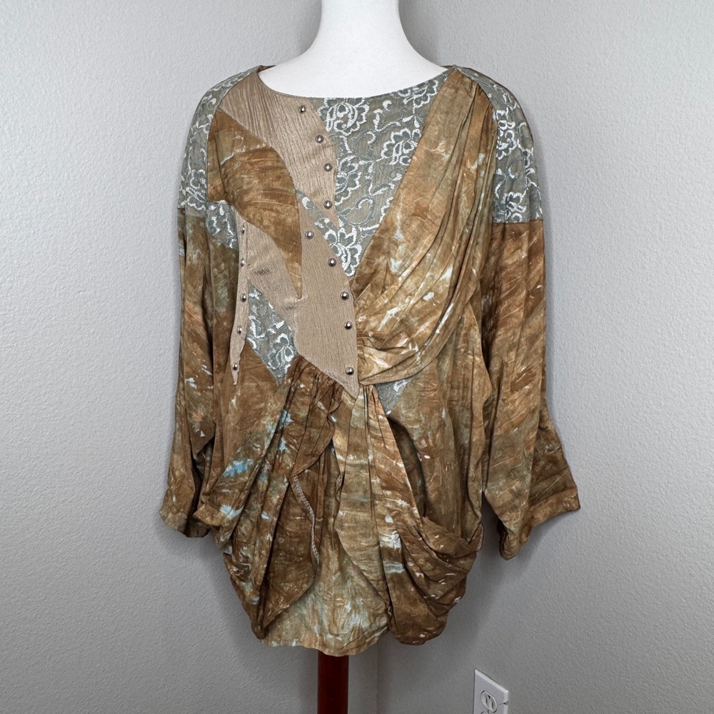 VTG MON-LIZE 80s Tunic Top MED/LG Mixed‎ Media Made France Brown Artsy Lagenlook